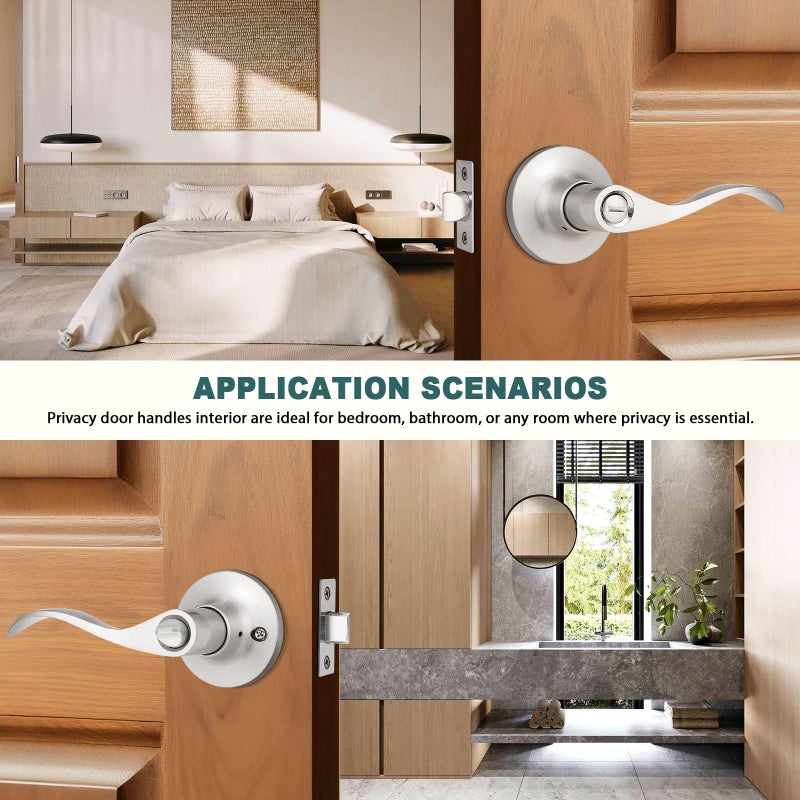 GOBEKOR 6 Pack Privacy Door Levers Interior Door Handles Brushed Nickel Lever Handles Keyless Modern Wave Levers for Bedroom and Bedroom - Image 4