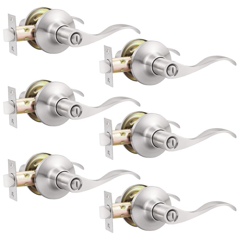 GOBEKOR 6 Pack Privacy Door Levers Interior Door Handles Brushed Nickel Lever Handles Keyless Modern Wave Levers for Bedroom and Bedroom - Image 1