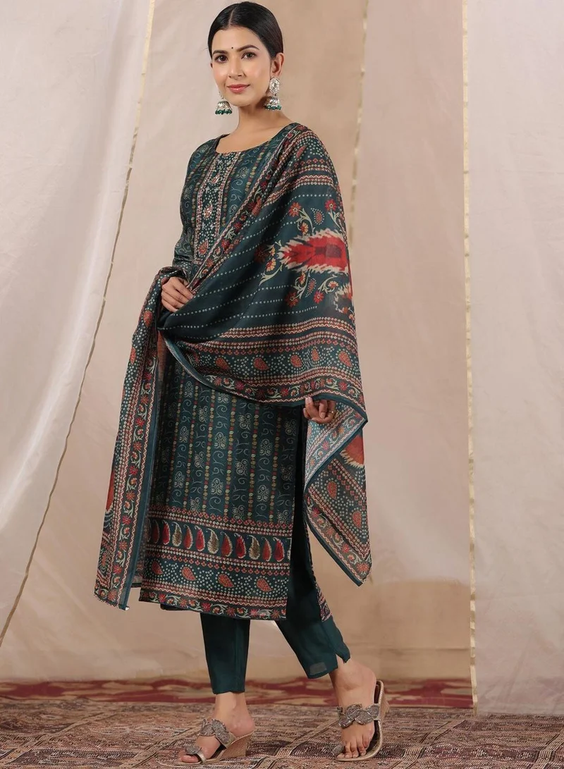ISHIN Women's Green Silk Printed Tunic Full Length Casual Regular Fit Kurta Set