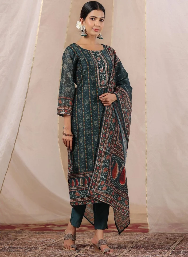 ISHIN Women's Green Silk Printed Tunic Full Length Casual Regular Fit Kurta Set