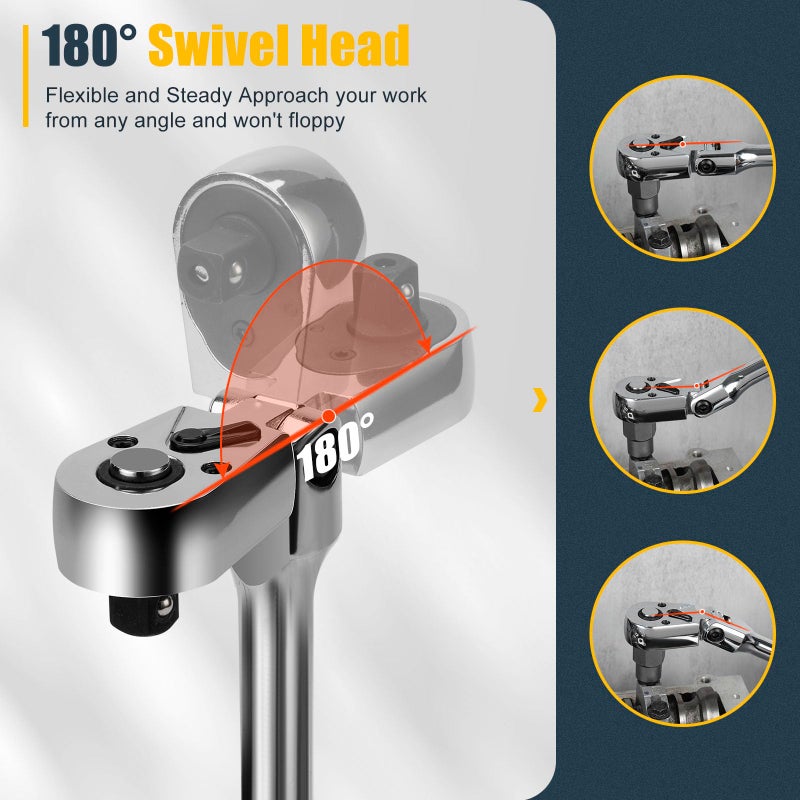 YIYEIE مجموعة مفاتيح ربط مرنة YIYEIE مكونة من 6 قطع، 1/4"، 3/8"، 1/2"، مفتاح ربط برأس دوار مع قضيب تمديد، 72 سن، قابل للتعديل 180 درجة، إطلاق سريع، مقبض ربط مرن مع رغوة EVA - Image 4