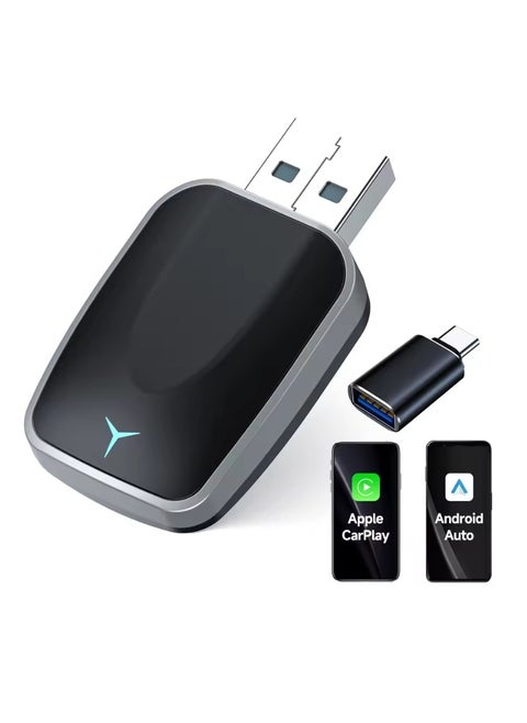 Mini Wireless Carplay Adapter, Convert Wired to Wireless Car Play & Android Auto 2-in-1 Adapter for Apple iPhone & Android Phone, Plug & Play, Auto Connect, No Delay, w/USB C for iOS 10+ Android 11+