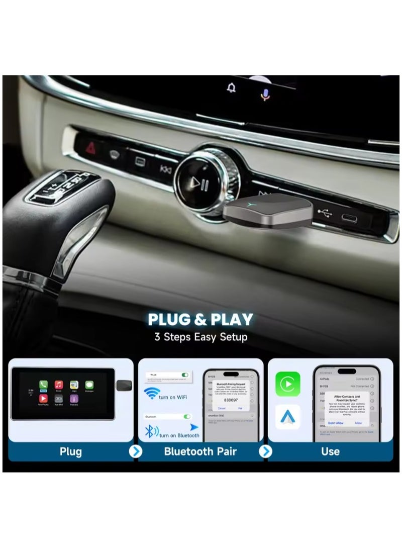 Mini Wireless Carplay Adapter, Convert Wired to Wireless Car Play & Android Auto 2-in-1 Adapter for Apple iPhone & Android Phone, Plug & Play, Auto Connect, No Delay, w/USB C for iOS 10+ Android 11+