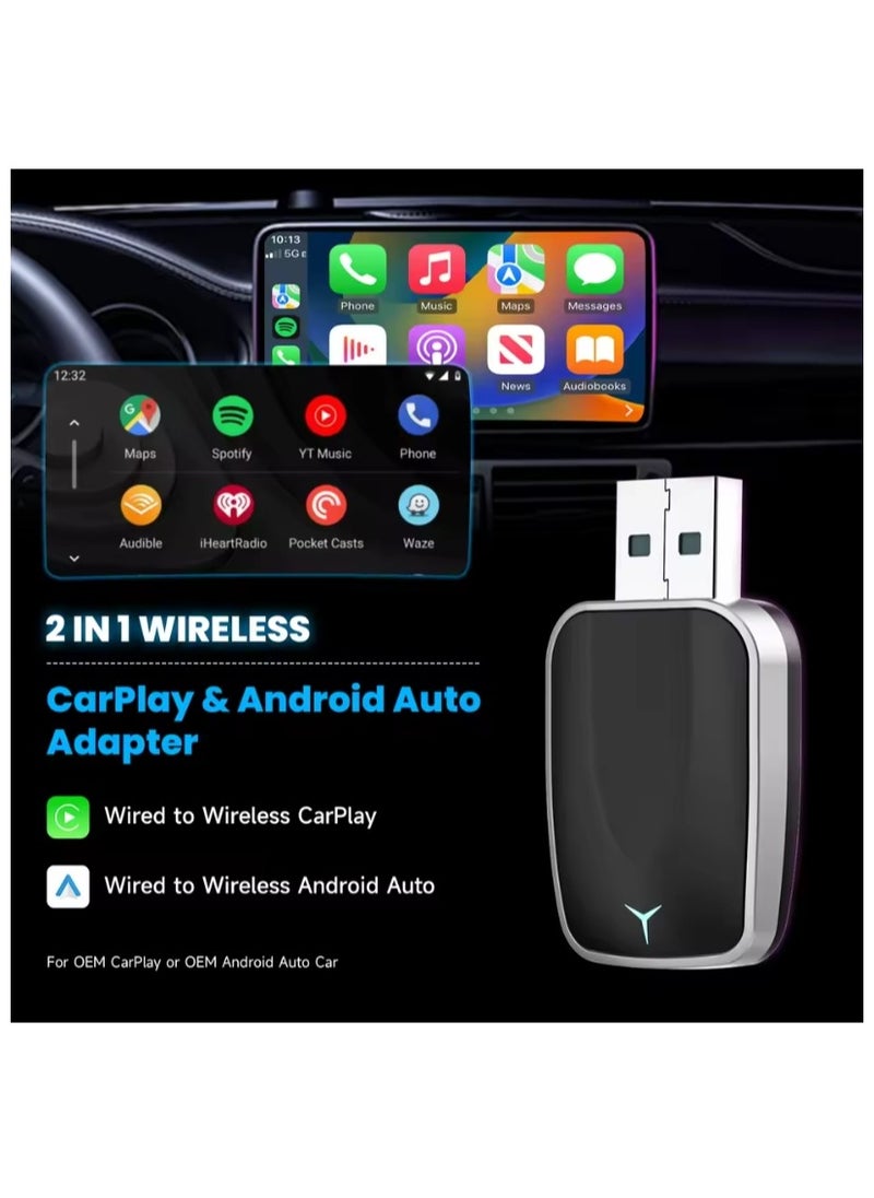 Mini Wireless Carplay Adapter, Convert Wired to Wireless Car Play & Android Auto 2-in-1 Adapter for Apple iPhone & Android Phone, Plug & Play, Auto Connect, No Delay, w/USB C for iOS 10+ Android 11+