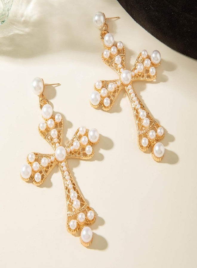 MarveBard Gothic Cross Earrings for Women Chunky Big Cross Drop Dangle Earrings Punk Vintage Gold Pearl Cross Statement Earrings Exaggerate Big Cross Jewelry (Gold) - Image 3