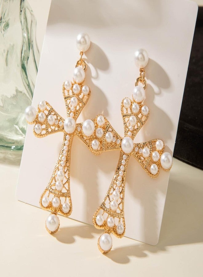 MarveBard Gothic Cross Earrings for Women Chunky Big Cross Drop Dangle Earrings Punk Vintage Gold Pearl Cross Statement Earrings Exaggerate Big Cross Jewelry (Gold) - Image 4
