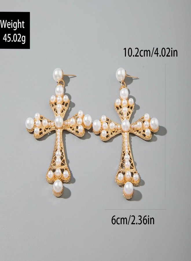 MarveBard Gothic Cross Earrings for Women Chunky Big Cross Drop Dangle Earrings Punk Vintage Gold Pearl Cross Statement Earrings Exaggerate Big Cross Jewelry (Gold) - Image 5