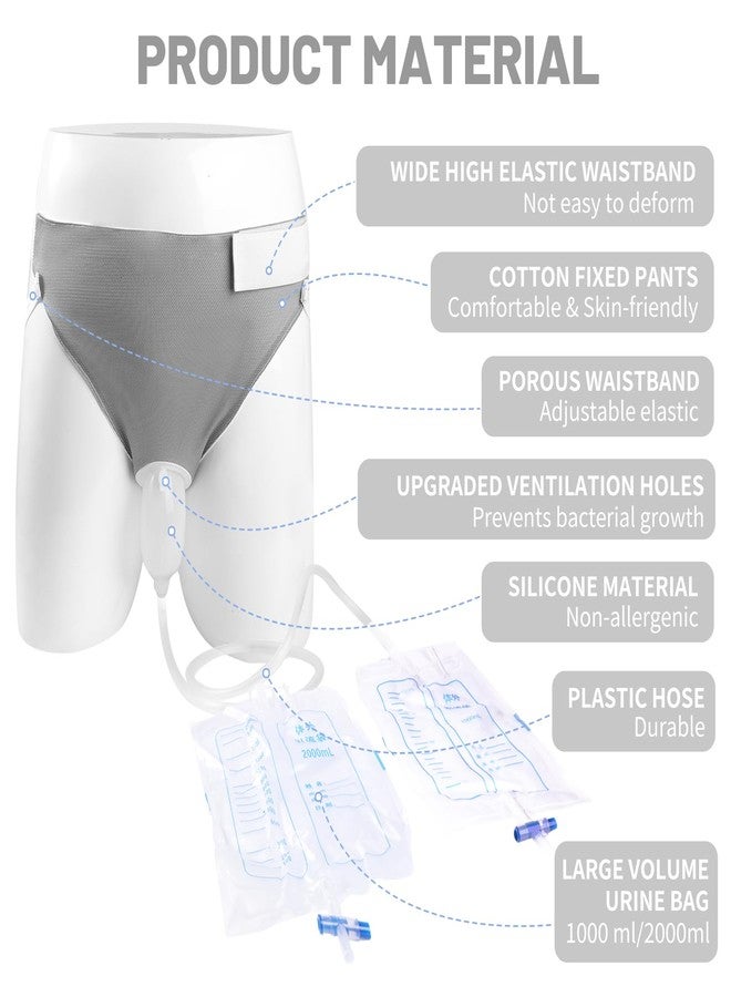 lefeke Wearable Urine Collector with 1000ml*2 & 2000ml*1 Urine Collection Bags 1M Catheter and Dual Capacity Bags, Includes Breathable Cotton Pants Leak Proof Anti Reflux for Men Grey - Image 3