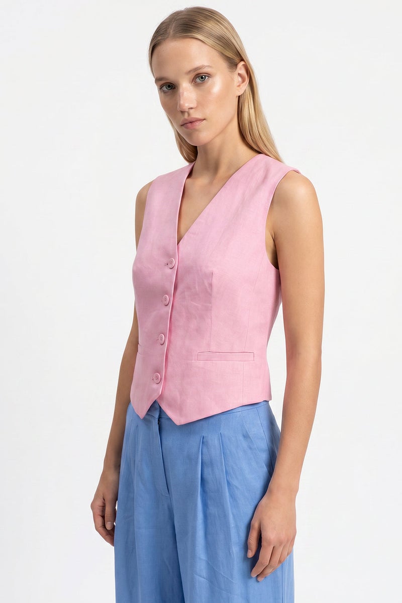EXQUISE Sleeveless, Lined Linen Regular Vest with Welt Pockets - Image 2