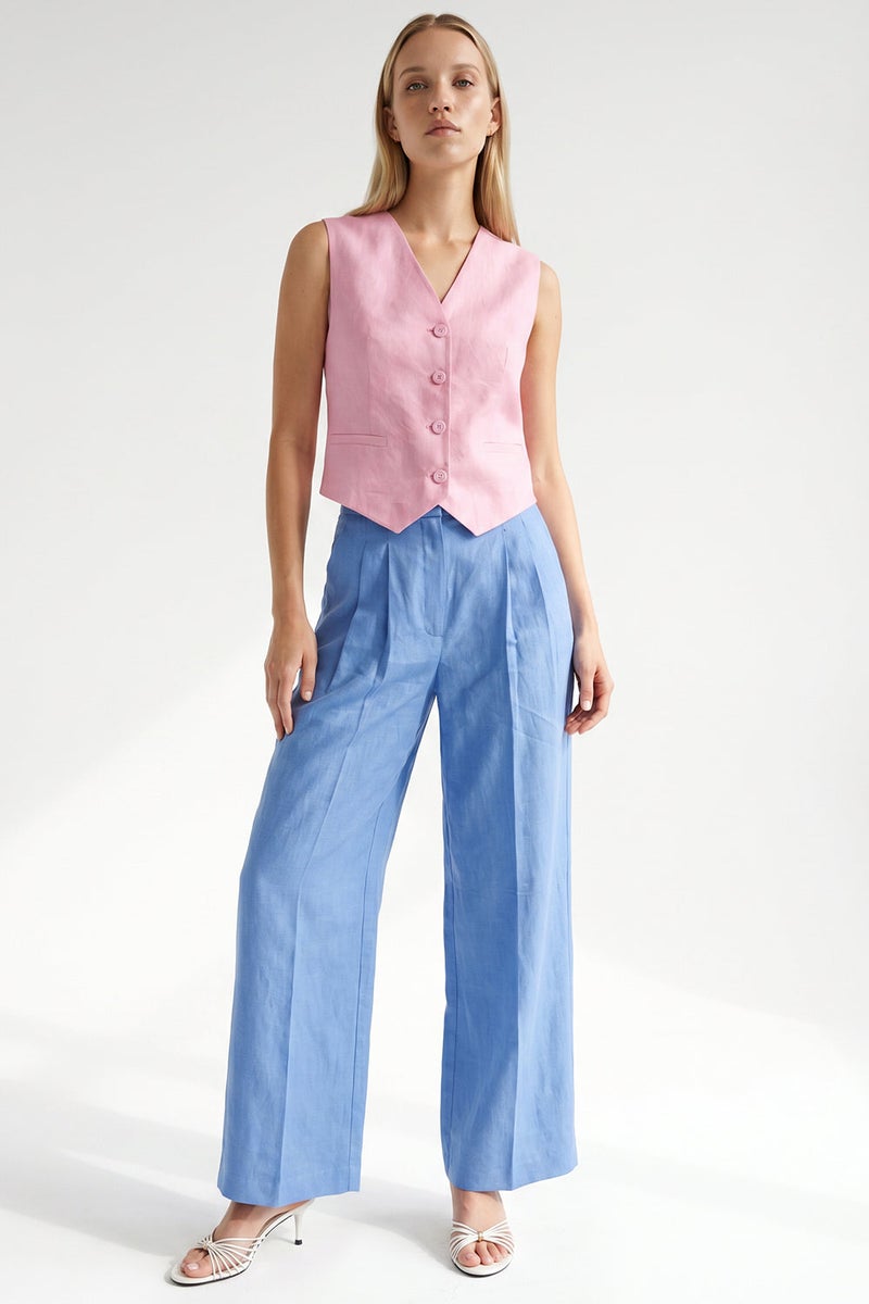 EXQUISE Sleeveless, Lined Linen Regular Vest with Welt Pockets - Image 3