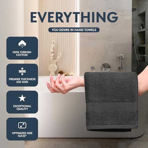 White Classic Luxury Charcoal Hand Towels Soft 100 Turkish Cotton Highly Absorbent Hotel spa Bathroom Towel Collection 16x30 Inch Set of 6 - Image 3