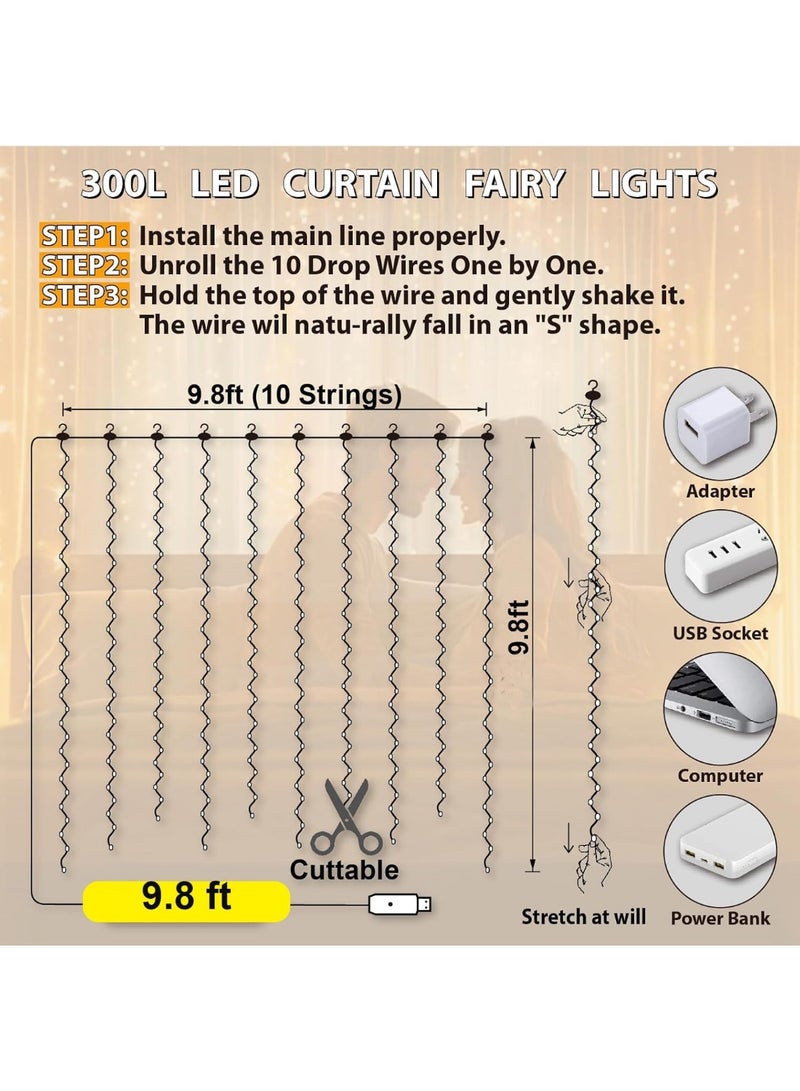 أضواء سلسلة الستار 300LED 10x10Ft USB Plug في 8 أوضاع 10 قطرات معلقة أضواء أسلاك النحاس مع موقت عن بعد وخواطي لستائر نافذة غرفة النوم حفل الزفاف ديكور عيد الميلاد الداخلي ، دافئ أبيض - Image 2