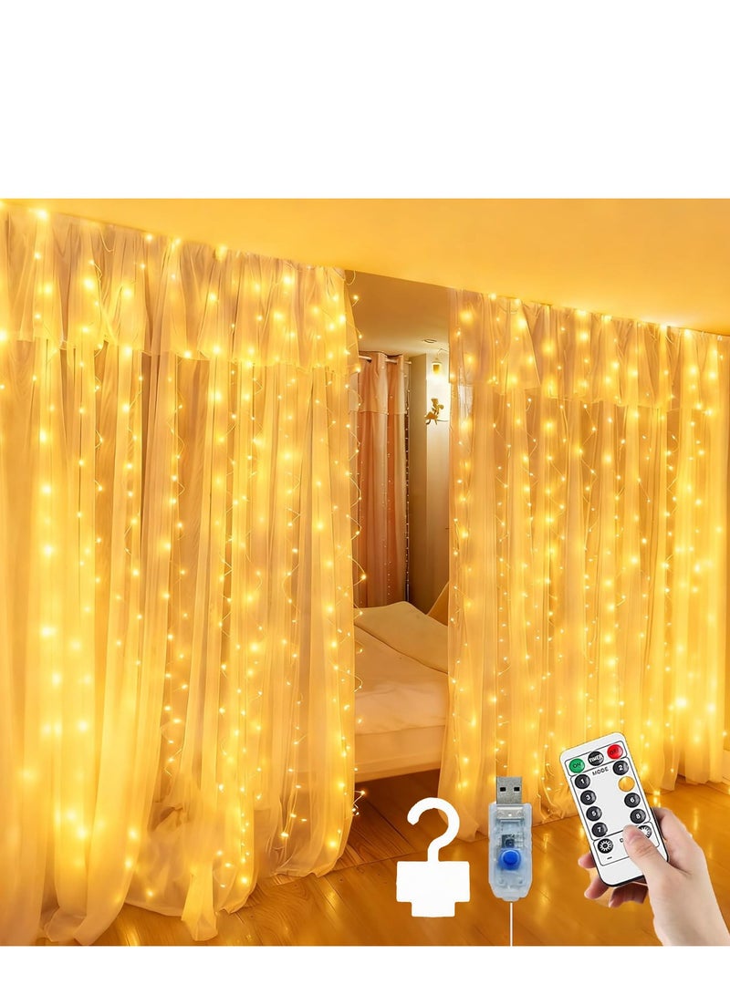 أضواء سلسلة الستار 300LED 10x10Ft USB Plug في 8 أوضاع 10 قطرات معلقة أضواء أسلاك النحاس مع موقت عن بعد وخواطي لستائر نافذة غرفة النوم حفل الزفاف ديكور عيد الميلاد الداخلي ، دافئ أبيض - Image 1
