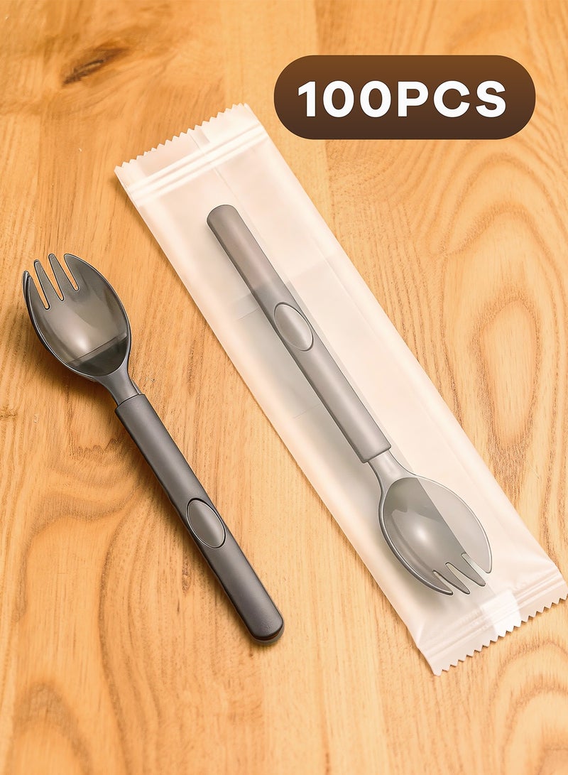 100 disposable plastic sporks, BPA-free, heat-resistant, sturdy and durable disposable cutlery, large-capacity and robust, high-quality party-use plastic disposable sporks, 13.5*3 cm - Image 1