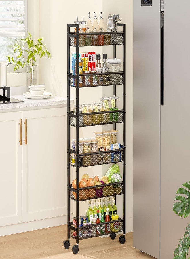 ThreeHio 6 Tier Slim Storage Cart, Narrow Cart with Wheels, Metal Mobile Shelving Unit Organizer for Kitchen, Bathroom, Laundry Room, Living Room & Narrow Spaces, Black, 6in(W) - Image 1