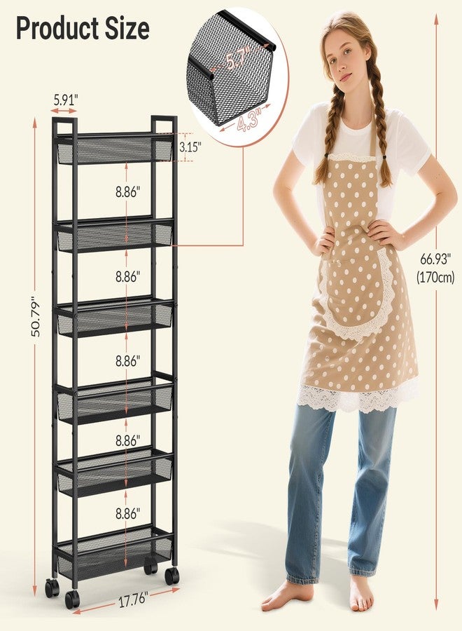 ThreeHio 6 Tier Slim Storage Cart, Narrow Cart with Wheels, Metal Mobile Shelving Unit Organizer for Kitchen, Bathroom, Laundry Room, Living Room & Narrow Spaces, Black, 6in(W) - Image 2