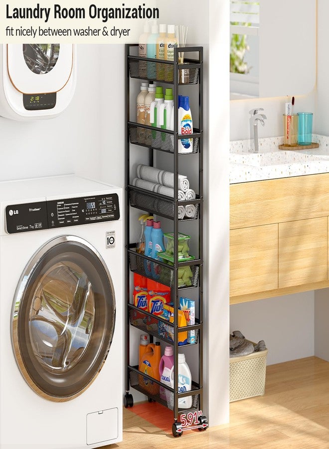ThreeHio 6 Tier Slim Storage Cart, Narrow Cart with Wheels, Metal Mobile Shelving Unit Organizer for Kitchen, Bathroom, Laundry Room, Living Room & Narrow Spaces, Black, 6in(W) - Image 4