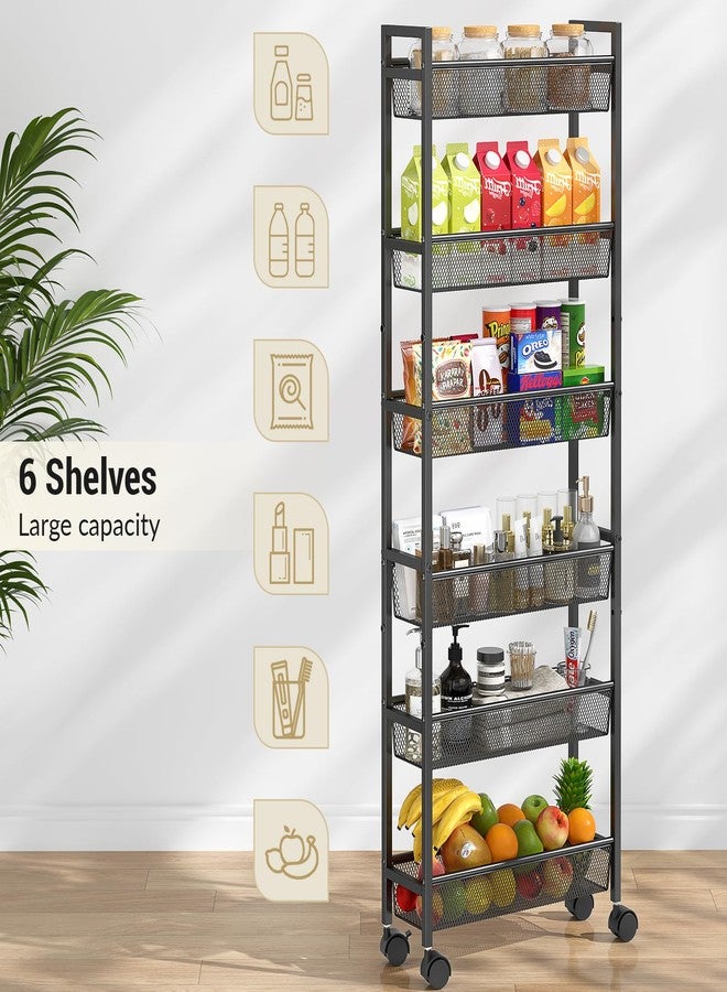 ThreeHio 6 Tier Slim Storage Cart, Narrow Cart with Wheels, Metal Mobile Shelving Unit Organizer for Kitchen, Bathroom, Laundry Room, Living Room & Narrow Spaces, Black, 6in(W) - Image 5