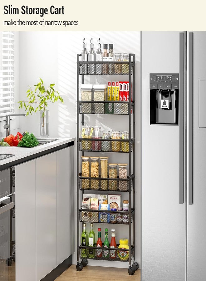 ThreeHio 6 Tier Slim Storage Cart, Narrow Cart with Wheels, Metal Mobile Shelving Unit Organizer for Kitchen, Bathroom, Laundry Room, Living Room & Narrow Spaces, Black, 6in(W) - Image 3