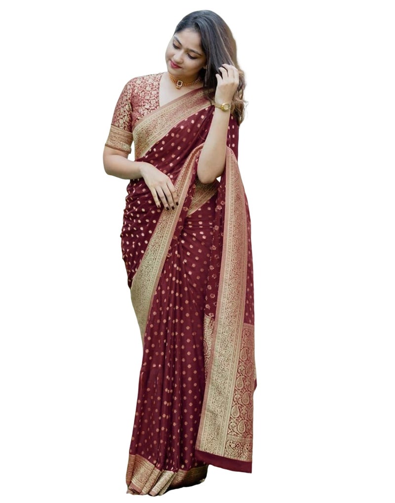 SIRIL Women's Banarasi Soft Silk Saree with Unstitched blouse Piece (4181S117_Maroon) - Image 1