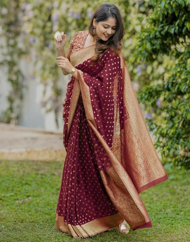 SIRIL Women's Banarasi Soft Silk Saree with Unstitched blouse Piece (4181S117_Maroon) - Image 3
