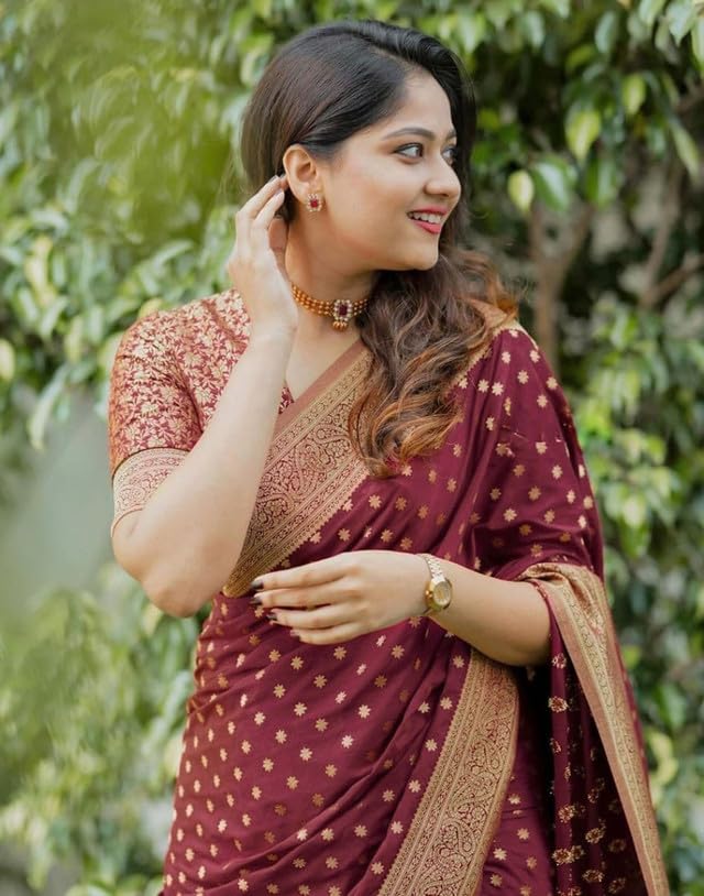 SIRIL Women's Banarasi Soft Silk Saree with Unstitched blouse Piece (4181S117_Maroon) - Image 4