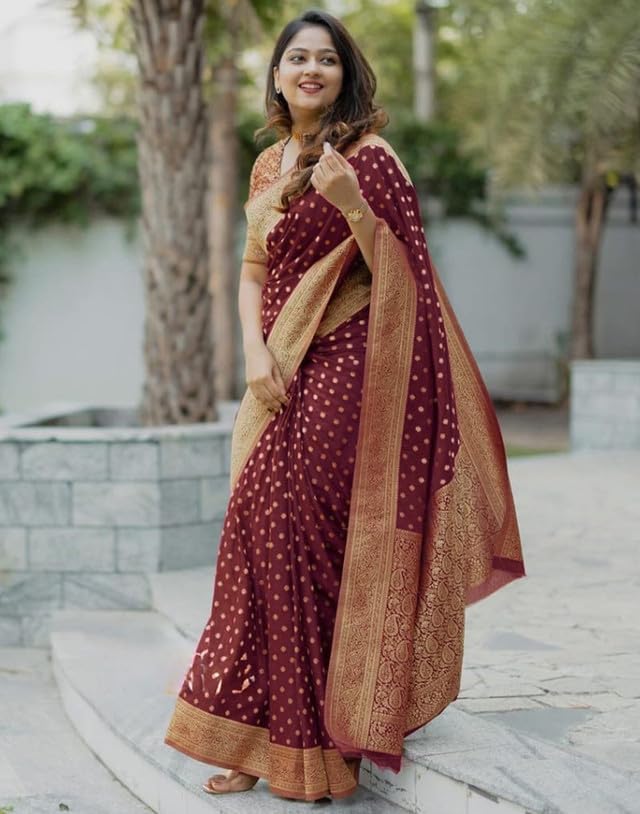 SIRIL Women's Banarasi Soft Silk Saree with Unstitched blouse Piece (4181S117_Maroon) - Image 2