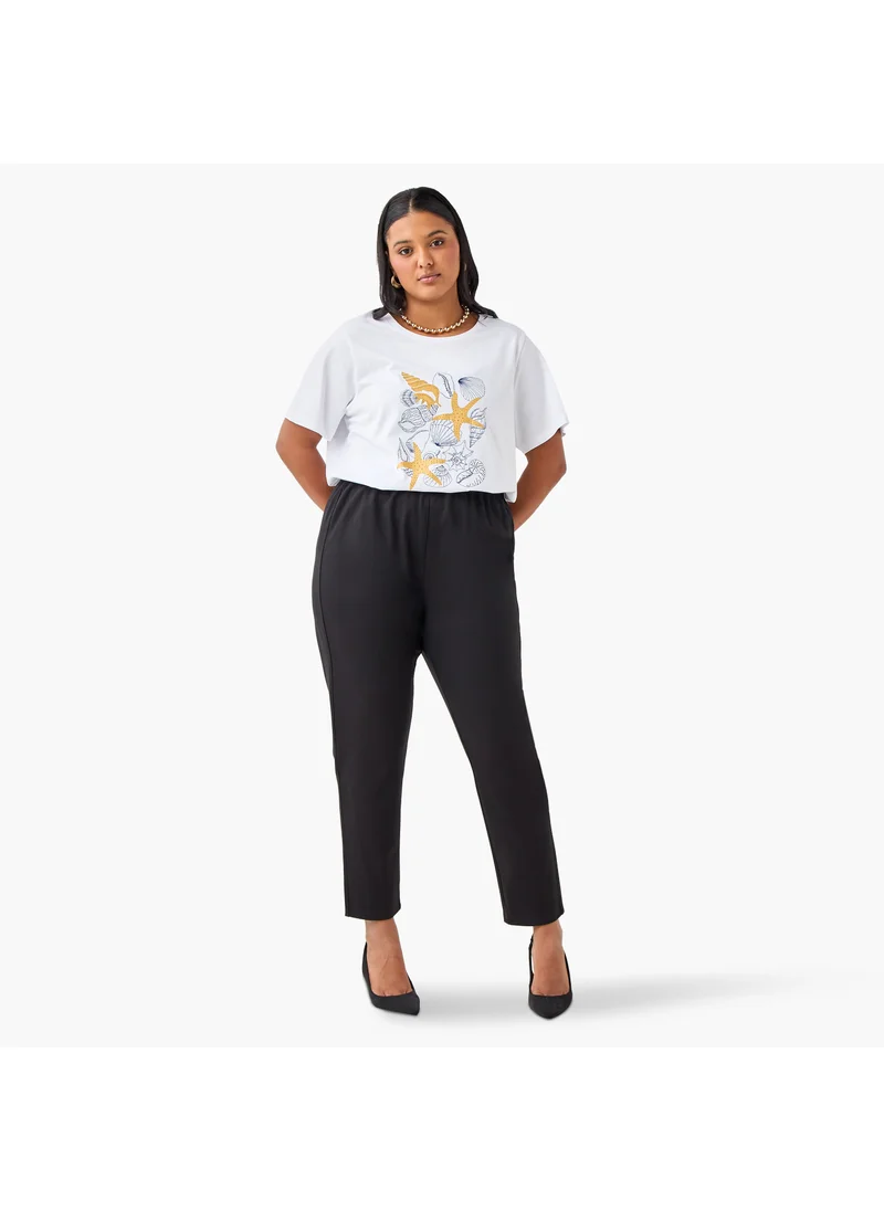 Ulla Popken Plus Size Ulla Popken Seashell Print Round Neck T-shirt with Short Sleeves