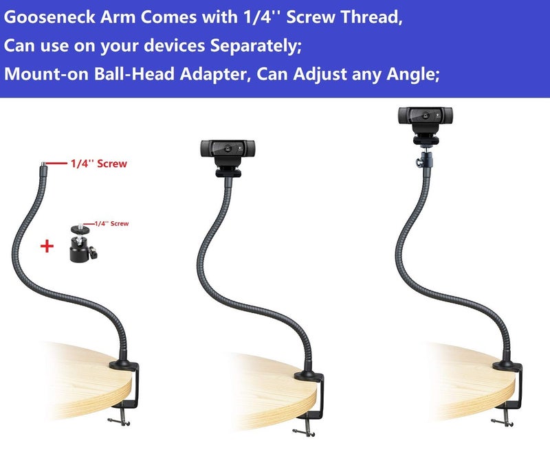 AceTaken Webcam Stand - 25 inch Gooseneck Clamp Desk Webcam Mount Arm for Logitech Webcam C920s C920 C930e C922x C930 C922 C925e C615 Brio - Image 3