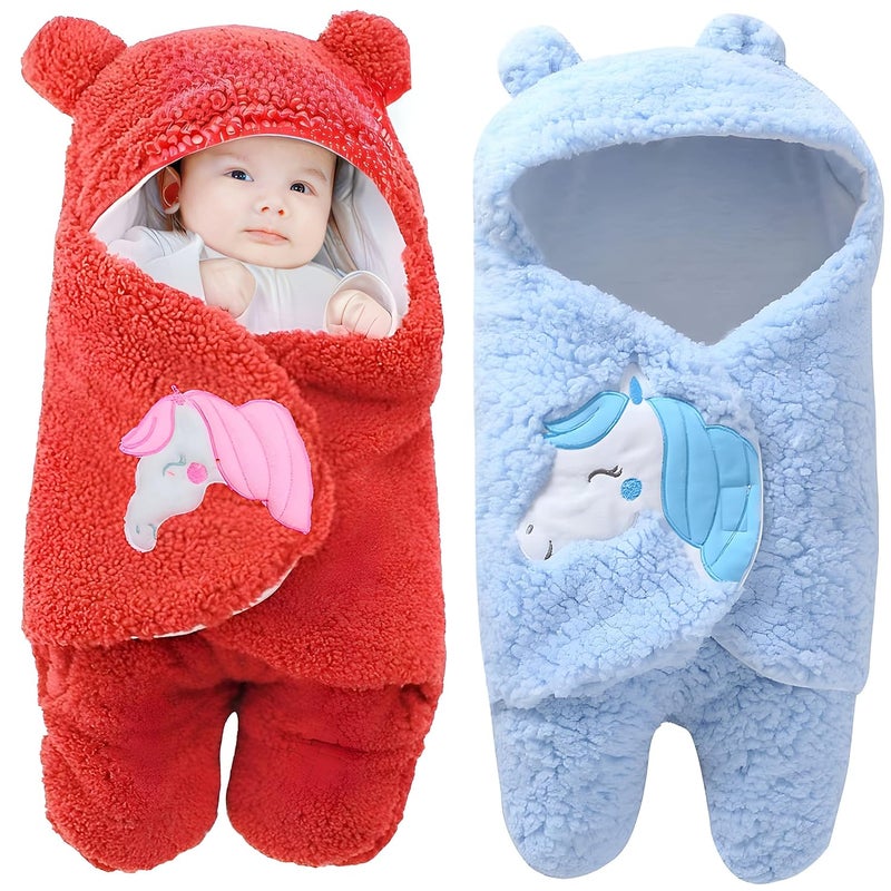 BRANDONN Baby Blankets New Born Combo of Hooded Wrapper Cum Baby Sleeping Bag36 Months Red Sky Blue Pack of 2 - Image 1