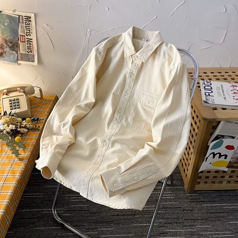 Heavyweight American Work Shirt Long Sleeve Casual Cotton Apricot  - Image 1