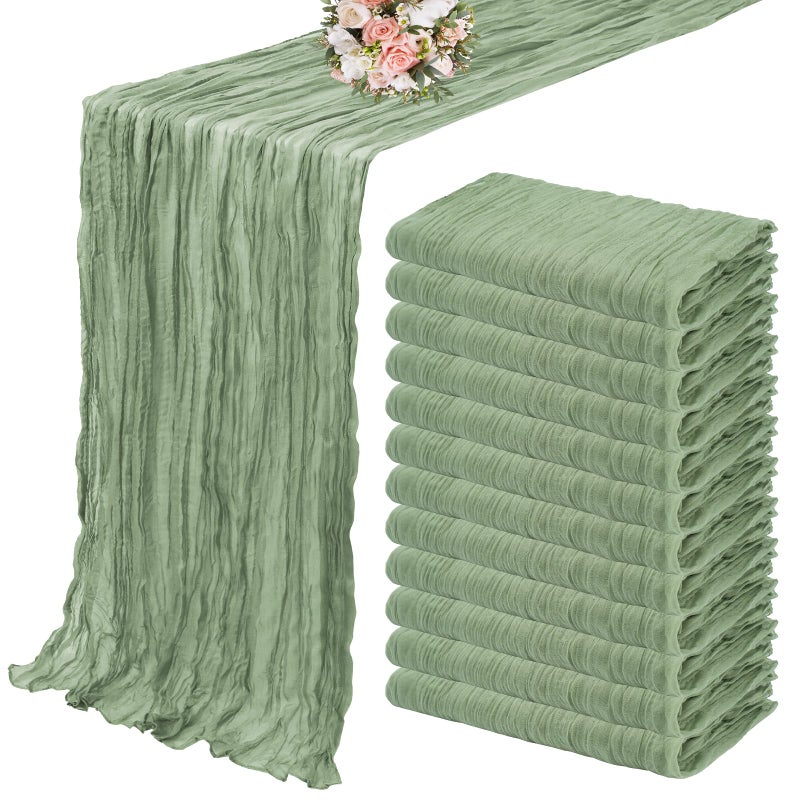 12 Pack Cheesecloth Table Runner 35 x 72 inch Long Boho Cheese Cloth Table Runner Semi Sheer Gauze Table Runner for Wedding Decor Bridal Shower Birthday Party Sage Green