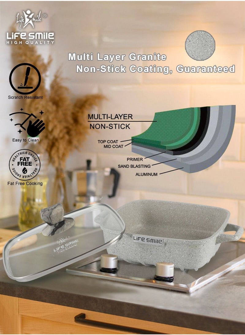 Life Smile - LIFE SMILE Shallow Casserole Cooking Pot with Lid | Non Stick PFOA FREE Granite Coating Frying Pan | Oven Safe | Dishwasher Safe | Double Handle (20cm, 2 Liters) Grey - Image 1