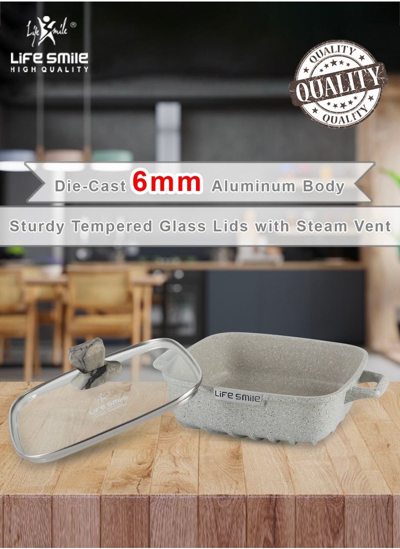 Life Smile - LIFE SMILE Shallow Casserole Cooking Pot with Lid | Non Stick PFOA FREE Granite Coating Frying Pan | Oven Safe | Dishwasher Safe | Double Handle (20cm, 2 Liters) Grey - Image 1