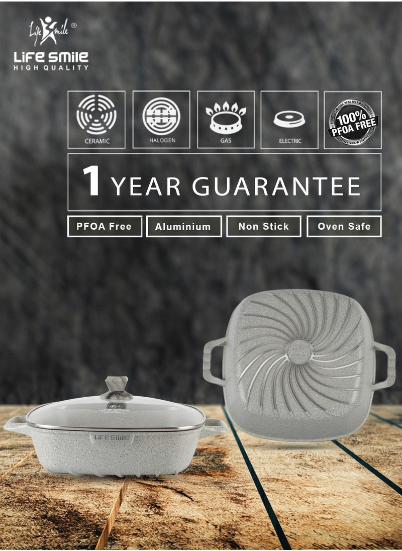 Life Smile - LIFE SMILE Shallow Casserole Cooking Pot with Lid | Non Stick PFOA FREE Granite Coating Frying Pan | Oven Safe | Dishwasher Safe | Double Handle (20cm, 2 Liters) Grey - Image 1