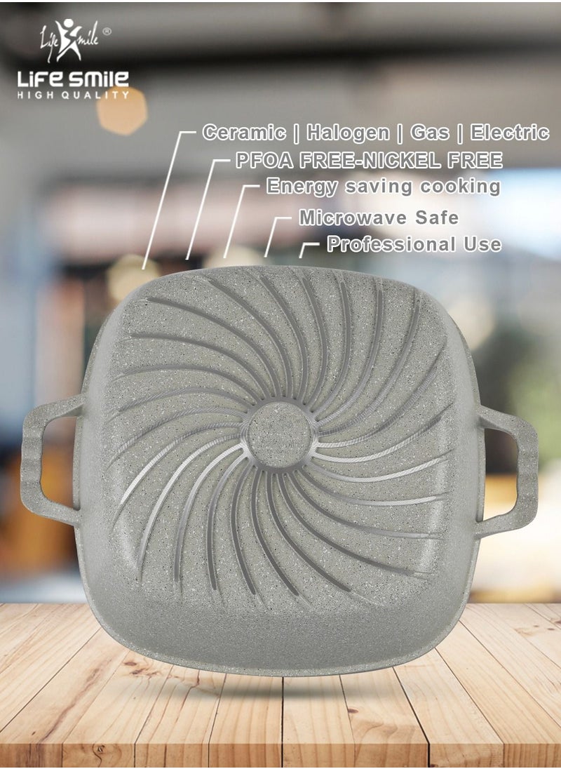 Life Smile - LIFE SMILE Shallow Casserole Cooking Pot with Lid | Non Stick PFOA FREE Granite Coating Frying Pan | Oven Safe | Dishwasher Safe | Double Handle (20cm, 2 Liters) Grey - Image 1