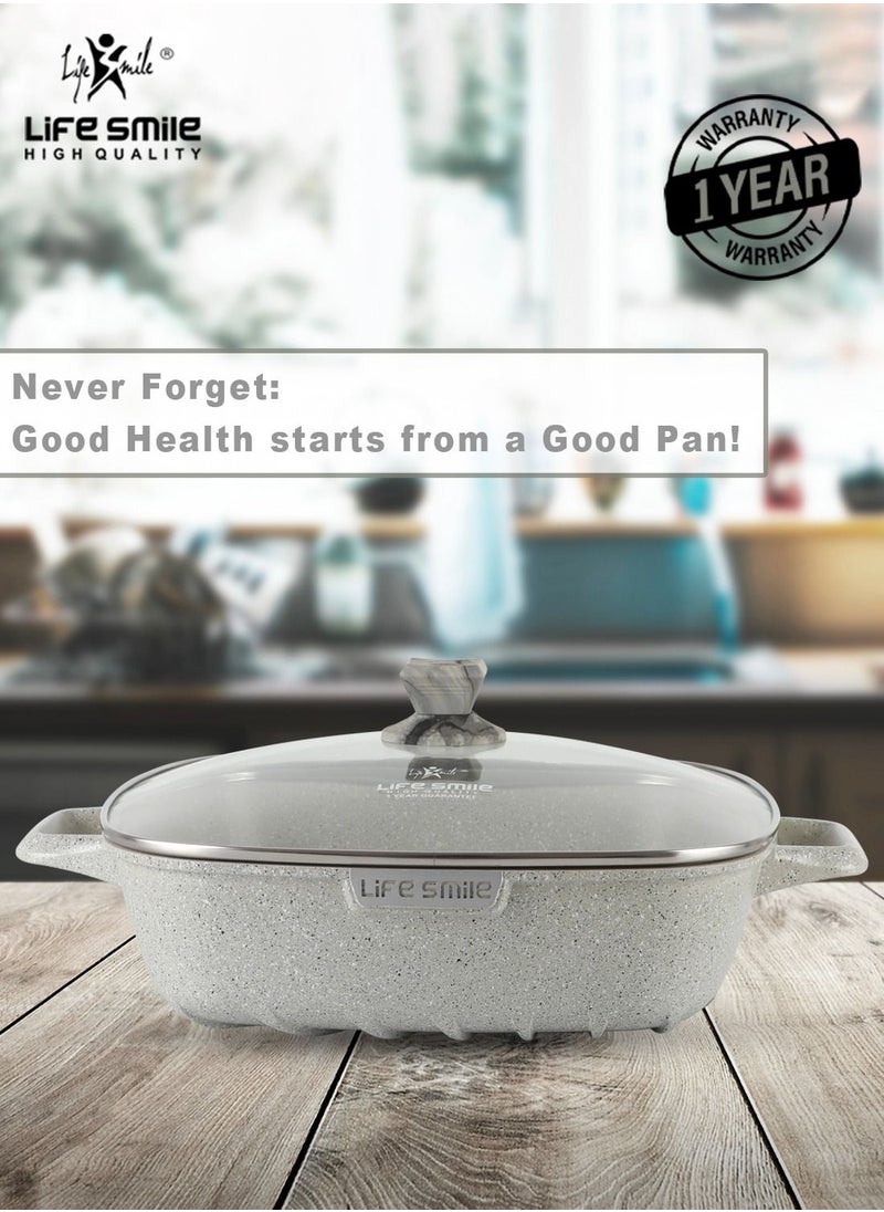 Life Smile - LIFE SMILE Shallow Casserole Cooking Pot with Lid | Non Stick PFOA FREE Granite Coating Frying Pan | Oven Safe | Dishwasher Safe | Double Handle (20cm, 2 Liters) Grey - Image 1