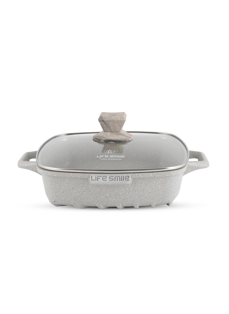 Life Smile - LIFE SMILE Shallow Casserole Cooking Pot with Lid | Non Stick PFOA FREE Granite Coating Frying Pan | Oven Safe | Dishwasher Safe | Double Handle (20cm, 2 Liters) Grey - Image 1