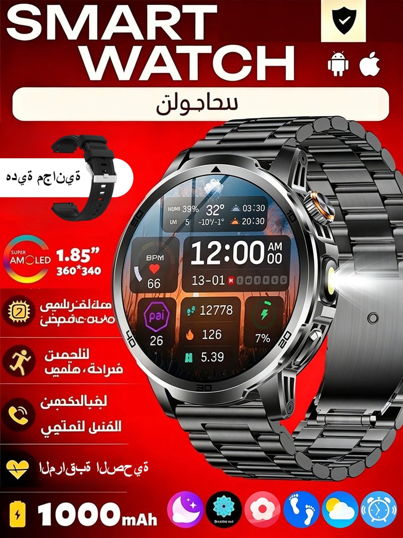 ساعات ذكية عسكرية للرجال، 100+ وضع رياضي مع مصباح LED، ساعة رياضية خارجية للهواتف الذكية بنظام أندرويد وآيفون، شاشة AMOLED بحجم 1.7 بوصة، مكالمات بلوتوث، بطارية كبيرة بسعة 1000 مللي أمبير - Image 1