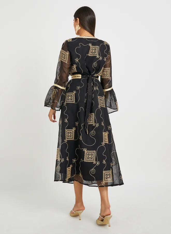 Take Two Take Two Women Black Embroidered V Neck Jalabiya with Lace Detailcl