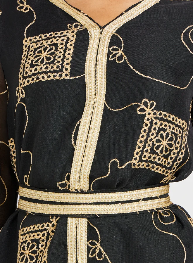 Take Two Take Two Women Black Embroidered V Neck Jalabiya with Lace Detailcl