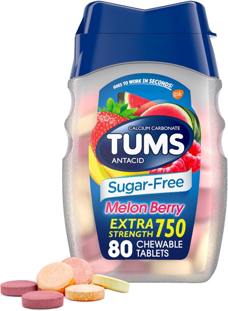TUMS Extra Strength Chewable Sugar Free Antacid Tablets for Heartburn Relief, Melon Berry - 80 Count - Image 1