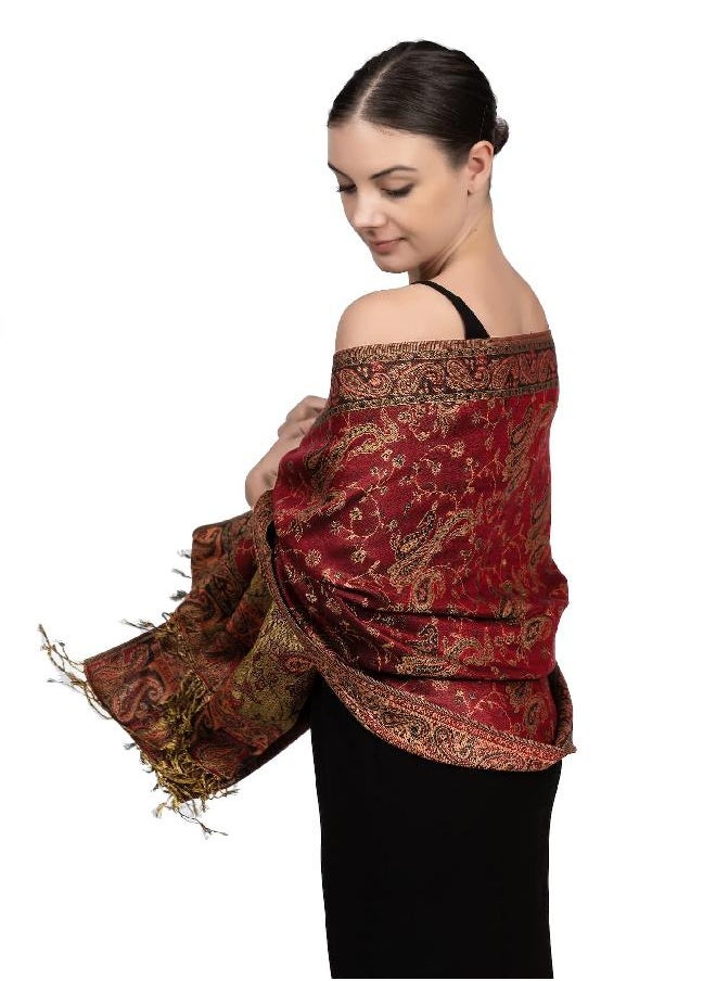 Achillea Achillea Soft Silky Reversible Paisley Pashmina Shawl Wrap Scarf w/Fringes (Burgundy)  - Image 2