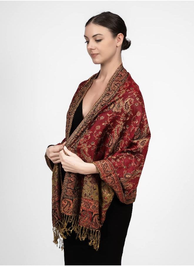 Achillea Achillea Soft Silky Reversible Paisley Pashmina Shawl Wrap Scarf w/Fringes (Burgundy)  - Image 1