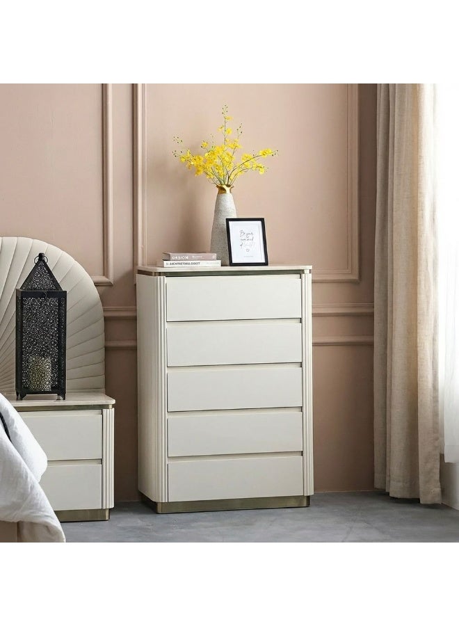 Ashton 5 Drawer Chest Modern Wooden Dresser Stylish Bedroom Storage Cabinet Tall Chest of Drawers for Clothes Elegant Storage Furniture for Bedroom & Living Room Beige/Brushed Gold - Image 5