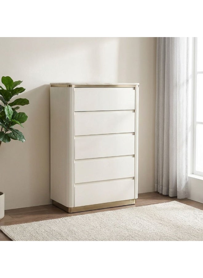 Ashton 5 Drawer Chest Modern Wooden Dresser Stylish Bedroom Storage Cabinet Tall Chest of Drawers for Clothes Elegant Storage Furniture for Bedroom & Living Room Beige/Brushed Gold - Image 1