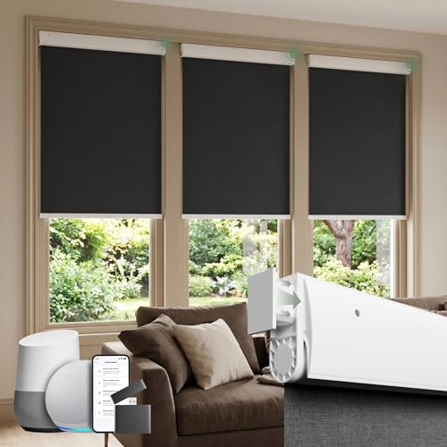 DONGFXK Motorized Blinds with Remote, Blackout No Drill Cordless Smart Roller Shades, Automatic Blinds for Windows, Black,23" W x 72" H - Image 1