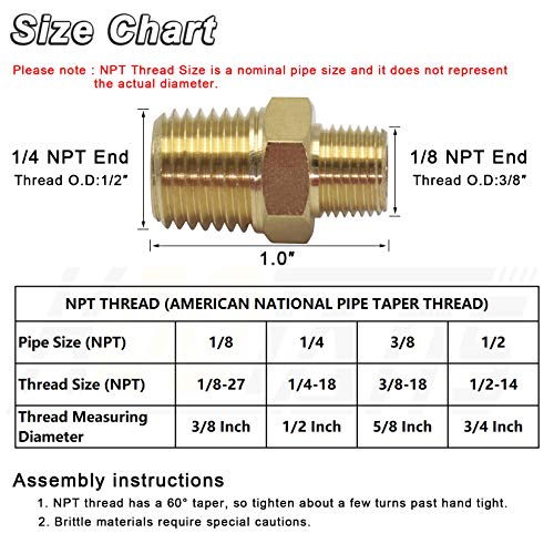 KOOTANS 1/4 NPT x 1/8 NPT Male Solid Brass Nipples, Heavy Brass Pipe Adapter Fittings Hex Reducing Nipples Connectors 4Pieces - Image 2