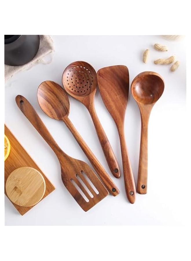 HOOKOR Wooden Spoons for Cooking, 6 Pcs Wooden Utensils for Cooking with Utensils Holder, Wood Spatula for Cooking Natural Teak Wood Kitchen Utensil Set Comfort Grip Cooking Utensils Set for Kitchen  - Image 3