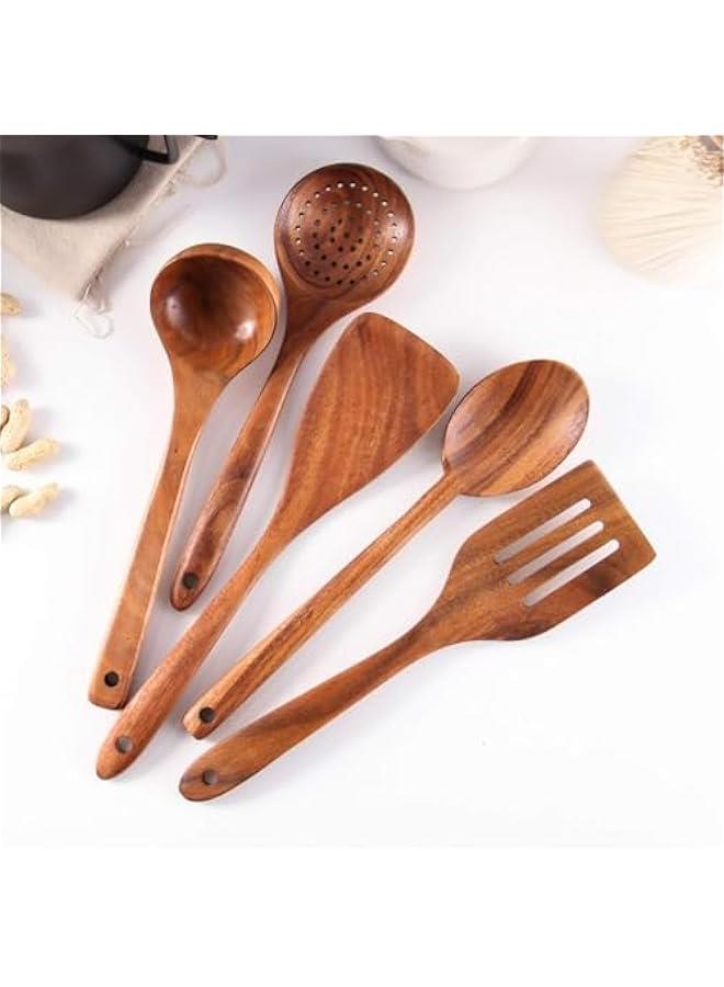 HOOKOR Wooden Spoons for Cooking, 6 Pcs Wooden Utensils for Cooking with Utensils Holder, Wood Spatula for Cooking Natural Teak Wood Kitchen Utensil Set Comfort Grip Cooking Utensils Set for Kitchen  - Image 2